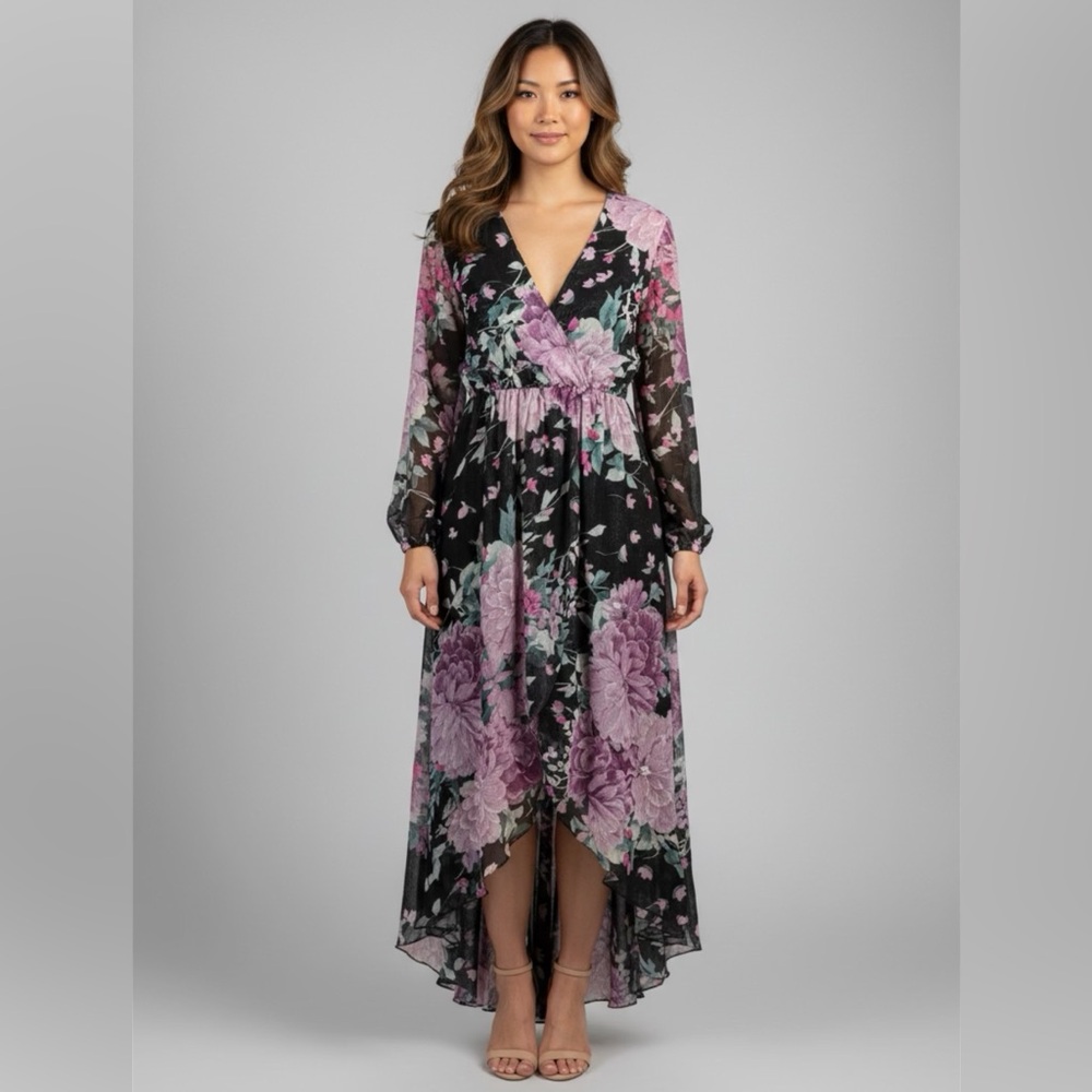 Floral High-Low Maxi Dress | Size 8 | Long Sleeve V-Neck Chiffon